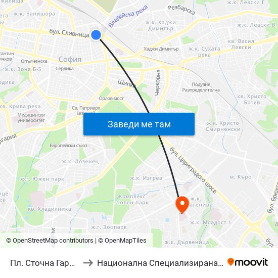 Пл. Сточна Гара / Stochna Gara Sq. (1311) to Национална Специализирана Болница За Активно Лечение По Онкология map