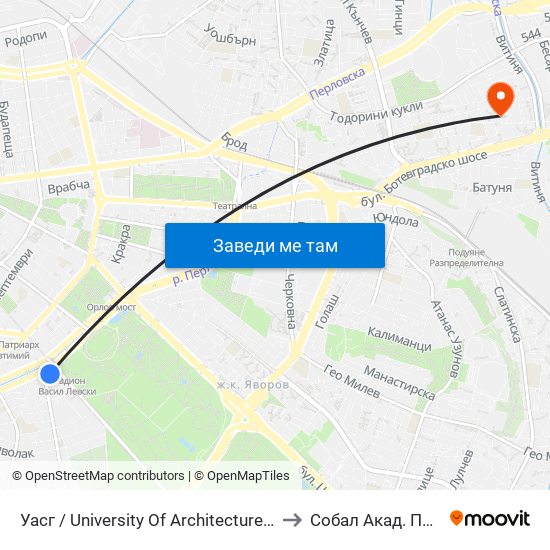 Уасг / University Of Architecture (0387) to Собал Акад. Пашев map