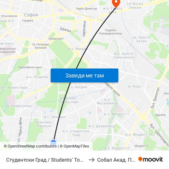 Студентски Град / Students' Town (2382) to Собал Акад. Пашев map