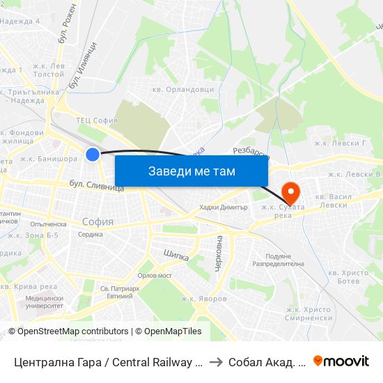 Централна Гара / Central Railway Station (1327) to Собал Акад. Пашев map