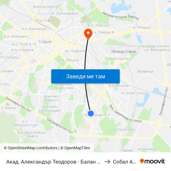 Акад. Александър Теодоров - Балан / Akademik Aleksandar Teodorov - Balan to Собал Акад. Пашев map