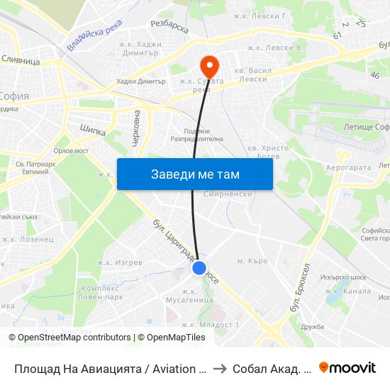 Площад На Авиацията / Aviation Square (1257) to Собал Акад. Пашев map