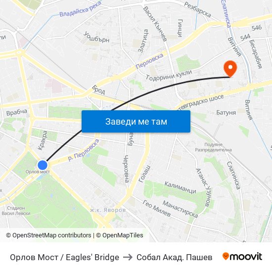 Орлов Мост / Eagles' Bridge to Собал Акад. Пашев map