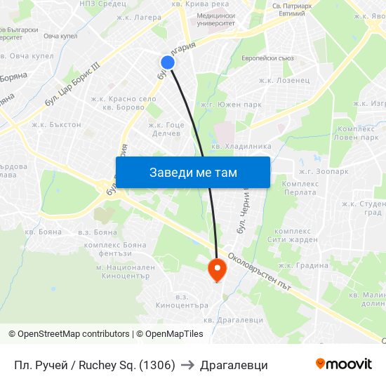 Пл. Ручей / Ruchey Sq. (1306) to Драгалевци map