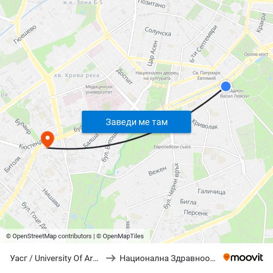 Уасг / University Of Architecture (0386) to Национална Здравноосигурителна Каса map