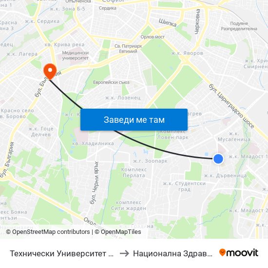 Технически Университет / Technical University (1743) to Национална Здравноосигурителна Каса map