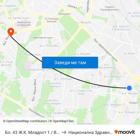 Бл. 43 Ж.К. Младост 1 / Bl. 43, Mladost 1 Qr. (0218) to Национална Здравноосигурителна Каса map