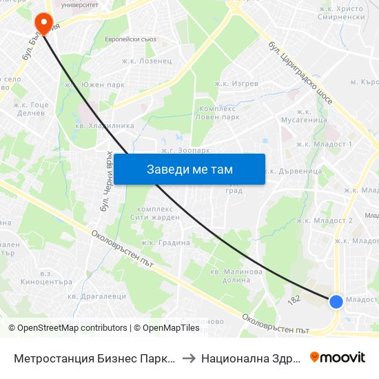 Метростанция Бизнес Парк / Business Park Metro Station (2490) to Национална Здравноосигурителна Каса map