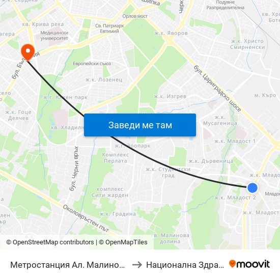 Метростанция Ал. Малинов / Al. Malinov Metro Station (0169) to Национална Здравноосигурителна Каса map