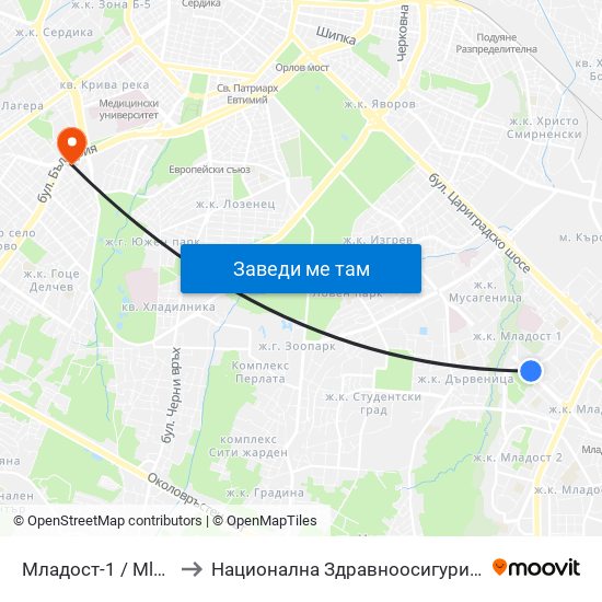 Младост-1 / Mladost 1 to Национална Здравноосигурителна Каса map