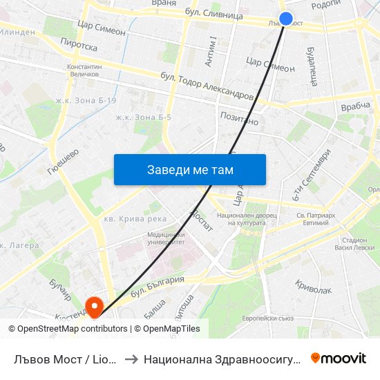 Лъвов Мост / Lions' Bridge to Национална Здравноосигурителна Каса map