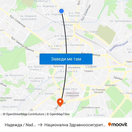 Надежда / Nadezhda to Национална Здравноосигурителна Каса map