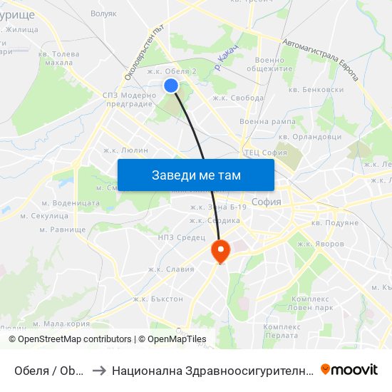 Обеля / Obelya to Национална Здравноосигурителна Каса map