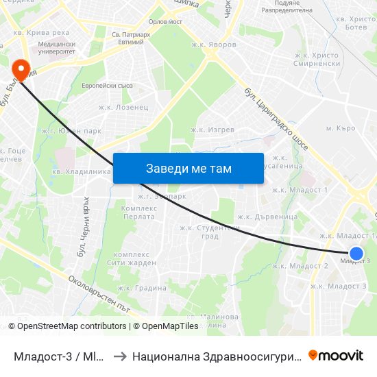 Младост-3 / Mladost 3 to Национална Здравноосигурителна Каса map