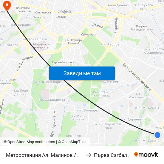 Метростанция Ал. Малинов / Al. Malinov Metro Station (0169) to Първа Сагбал ""Света София"" map