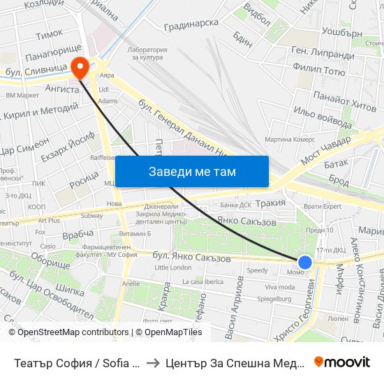 Театър София / Sofia Theatre (1727) to Център За Спешна Медицинска Помощ map