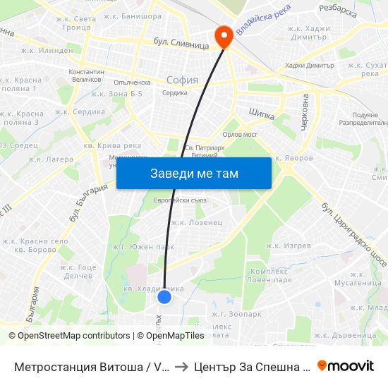 Метростанция Витоша / Vitosha Metro Station (0909) to Център За Спешна Медицинска Помощ map