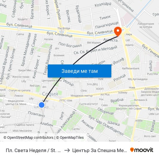 Пл. Света Неделя / St. Nedelya Sq. (1308) to Център За Спешна Медицинска Помощ map