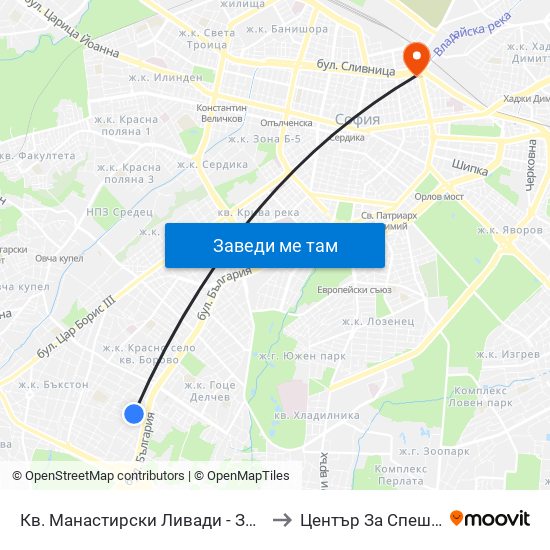 Кв. Манастирски Ливади - Запад / Manastirski Livadi - West Qr. (0582) to Център За Спешна Медицинска Помощ map