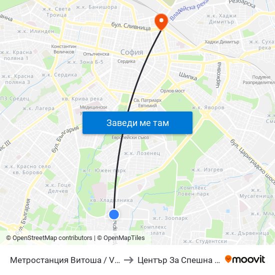 Метростанция Витоша / Vitosha Metro Station (2756) to Център За Спешна Медицинска Помощ map