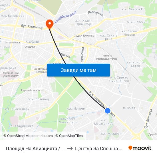 Площад На Авиацията / Aviation Square (1257) to Център За Спешна Медицинска Помощ map