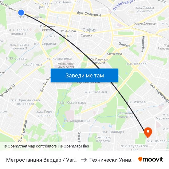 Метростанция Вардар / Vardar Metro Station (1045) to Технически Университет - София map