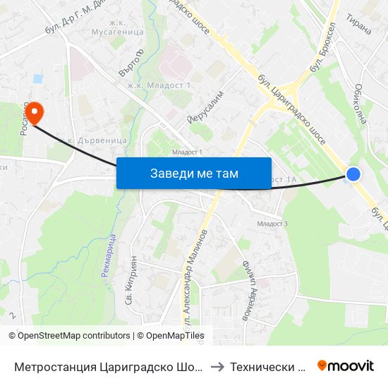 Метростанция Цариградско Шосе / Tsarigradsko Shosse Metro Station (1016) to Технически Университет - София map