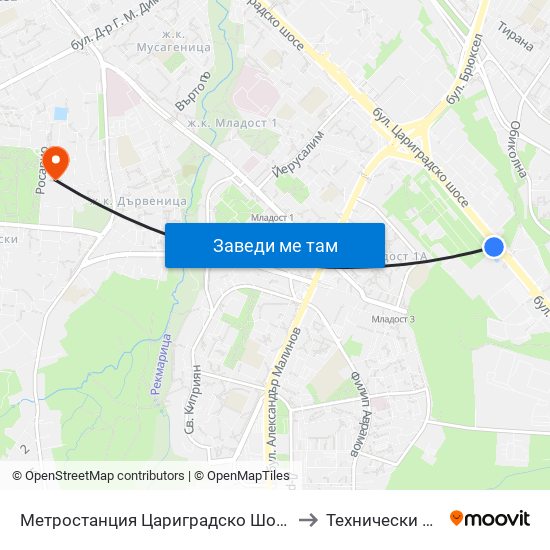Метростанция Цариградско Шосе / Tsarigradsko Shosse Metro Station (1017) to Технически Университет - София map