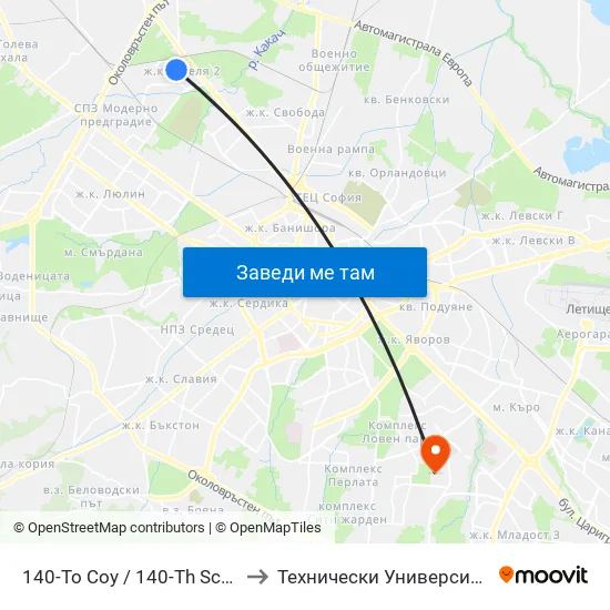 140-То Соу / 140-Th School (0013) to Технически Университет - София map
