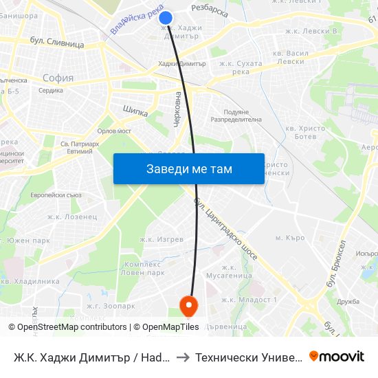 Ж.К. Хаджи Димитър / Hadzhi Dimitar Sq. (0692) to Технически Университет - София map