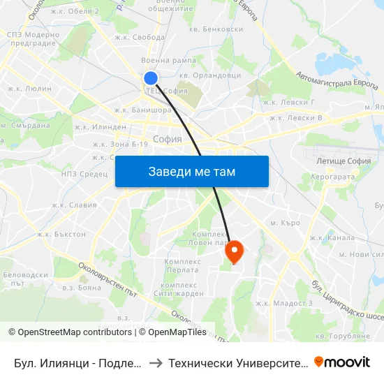 Бул. Илиянци - Подлеза (1384) to Технически Университет - София map