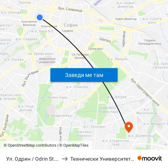 Ул. Одрин / Odrin St. (2077) to Технически Университет - София map