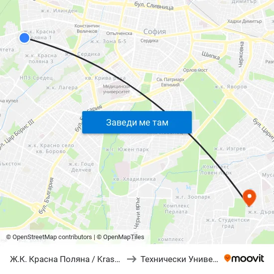 Ж.К. Красна Поляна / Krasna Polyana Qr. (2162) to Технически Университет - София map