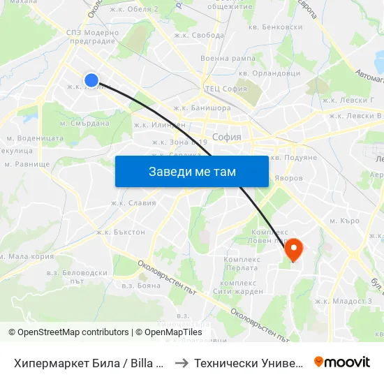 Хипермаркет Била / Billa Hypermarket (2306) to Технически Университет - София map