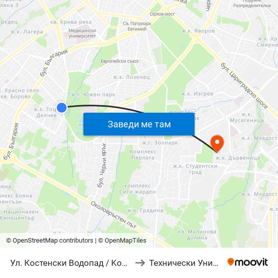 Ул. Костенски Водопад / Kostenski Vodopad St. (2009) to Технически Университет - София map