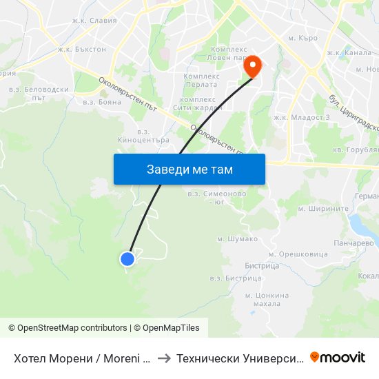 Хотел Морени / Moreni Hotel (2704) to Технически Университет - София map