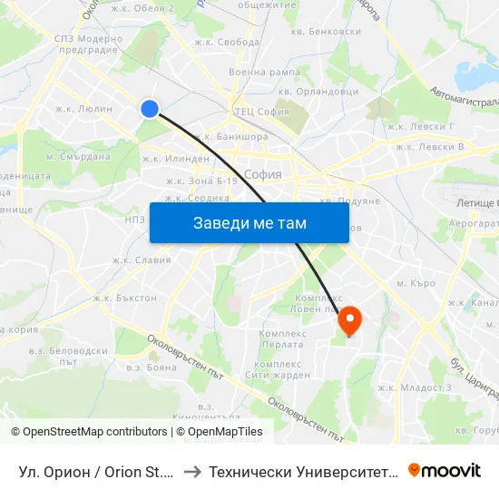 Ул. Орион / Orion St. (2090) to Технически Университет - София map