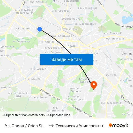 Ул. Орион / Orion St. (2092) to Технически Университет - София map
