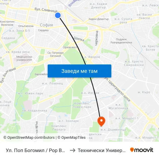 Ул. Поп Богомил / Pop Bogomil St. (2122) to Технически Университет - София map