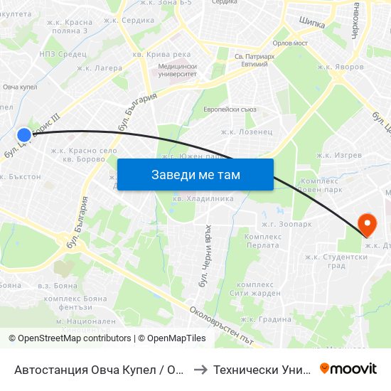 Автостанция Овча Купел / Ovcha Kupel Bus Station (2705) to Технически Университет - София map