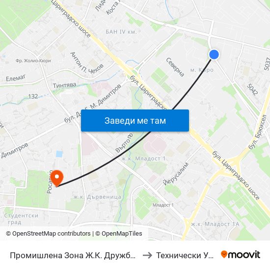 Промишлена Зона Ж.К. Дружба 1 / Industrial Zone Druzhba 1 Qr. (0177) to Технически Университет - София map