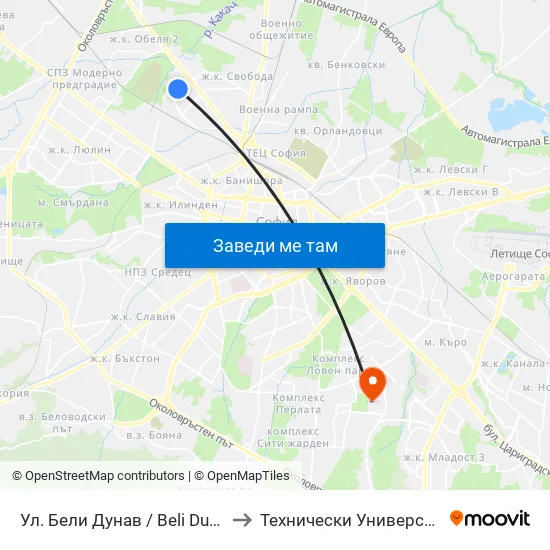 Ул. Бели Дунав / Beli Dunav St. (2577) to Технически Университет - София map