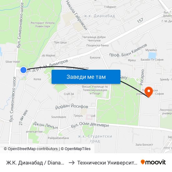 Ж.К. Дианабад / Dianabad (0603) to Технически Университет - София map