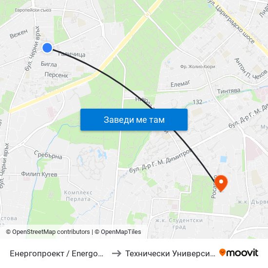 Енергопроект / Energoproekt (0574) to Технически Университет - София map