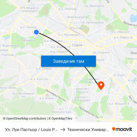 Ул. Луи Пастьор / Louis Pasteur St. (0335) to Технически Университет - София map