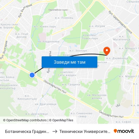 Ботаническа Градина (2685) to Технически Университет - София map