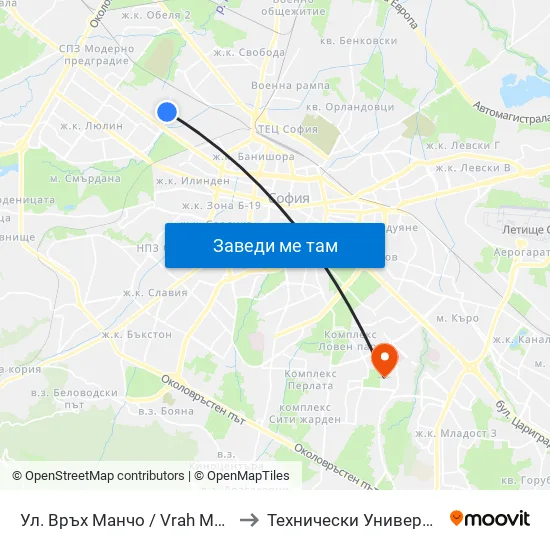 Ул. Връх Манчо / Vrah Mancho St. (1199) to Технически Университет - София map