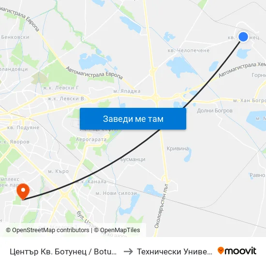 Център Кв. Ботунец / Botunets Qr. Centre (1235) to Технически Университет - София map