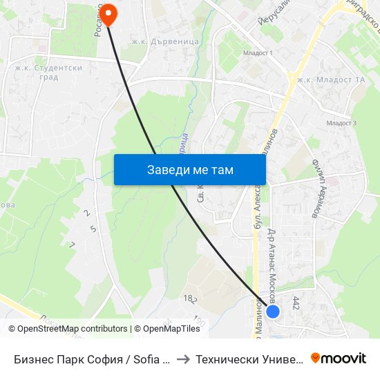 Бизнес Парк София / Sofia Business Park (2390) to Технически Университет - София map