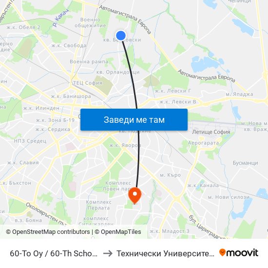60-То Оу / 60-Th School (0040) to Технически Университет - София map
